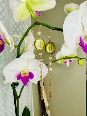 Murano Gold and Green Glass Drop Earrings - Citrine & GP Chain Danglers